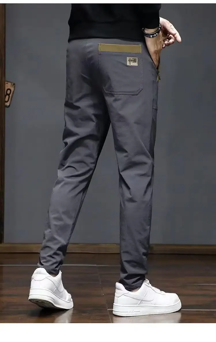 Men Ice Silk Straight Trousers Black Grey Embroidery — feature 11