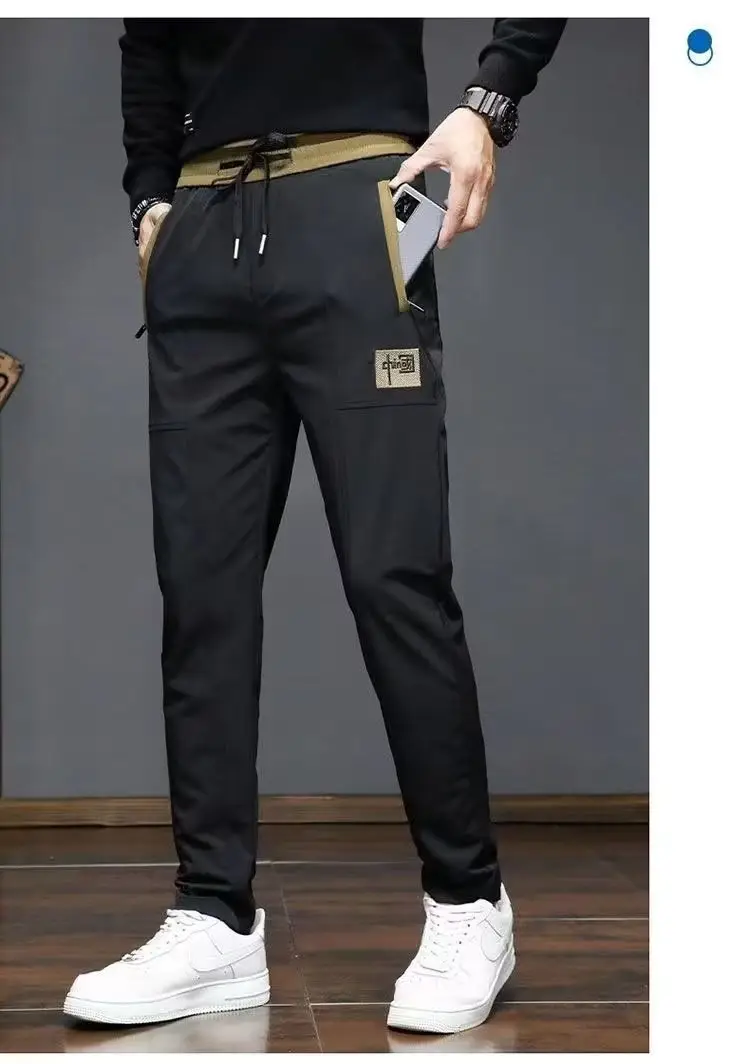 Men Ice Silk Straight Trousers Black Grey Embroidery — feature 7