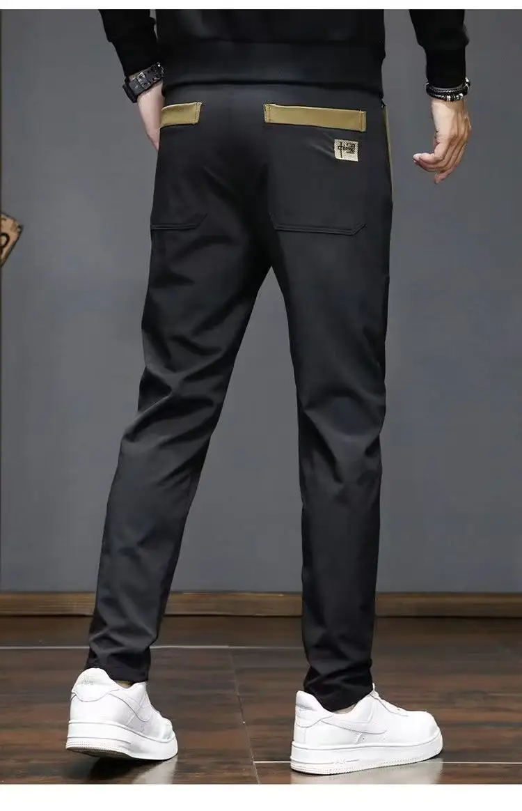 Men Ice Silk Straight Trousers Black Grey Embroidery — feature 8