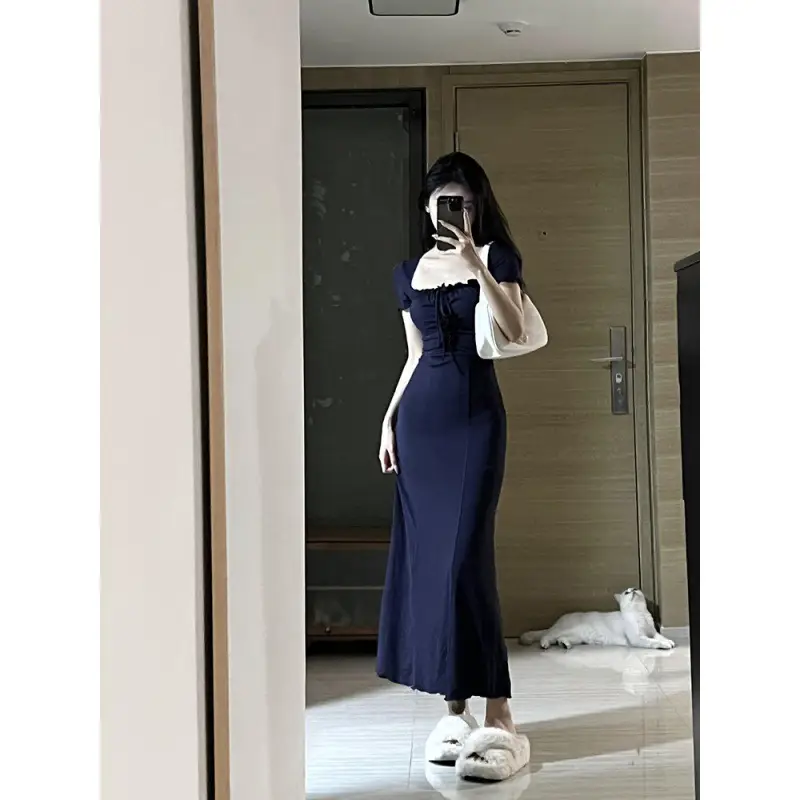 Women's Dark Blue Slim Fit Hip Fishtail Dress