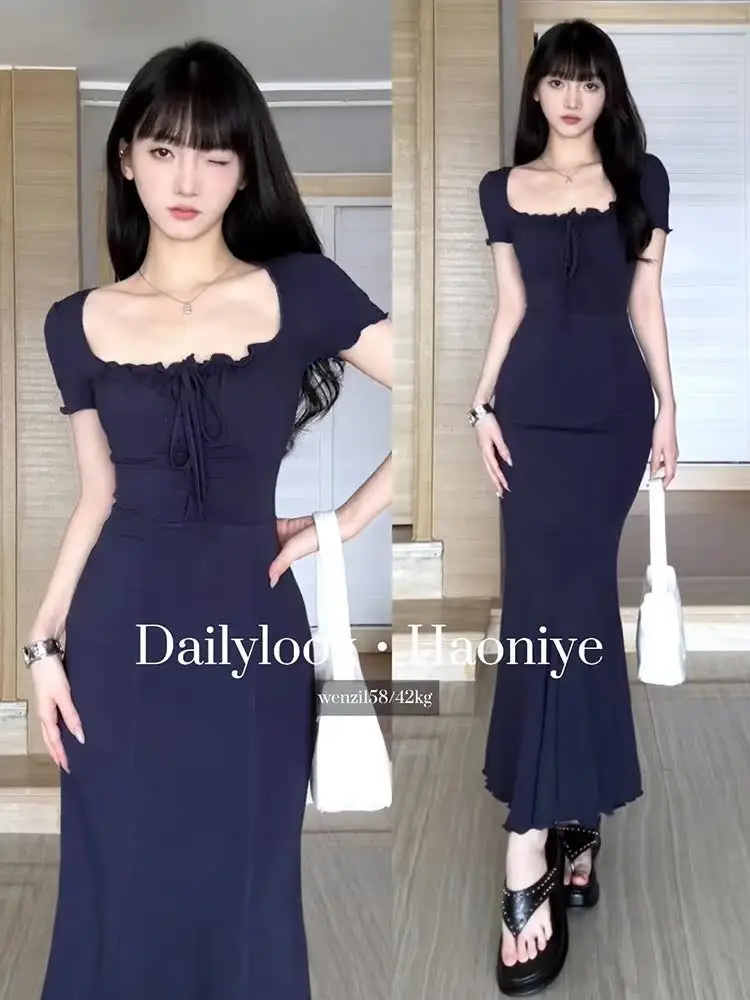 Women's Dark Blue Slim Fit Hip Fishtail Dress — feature 2