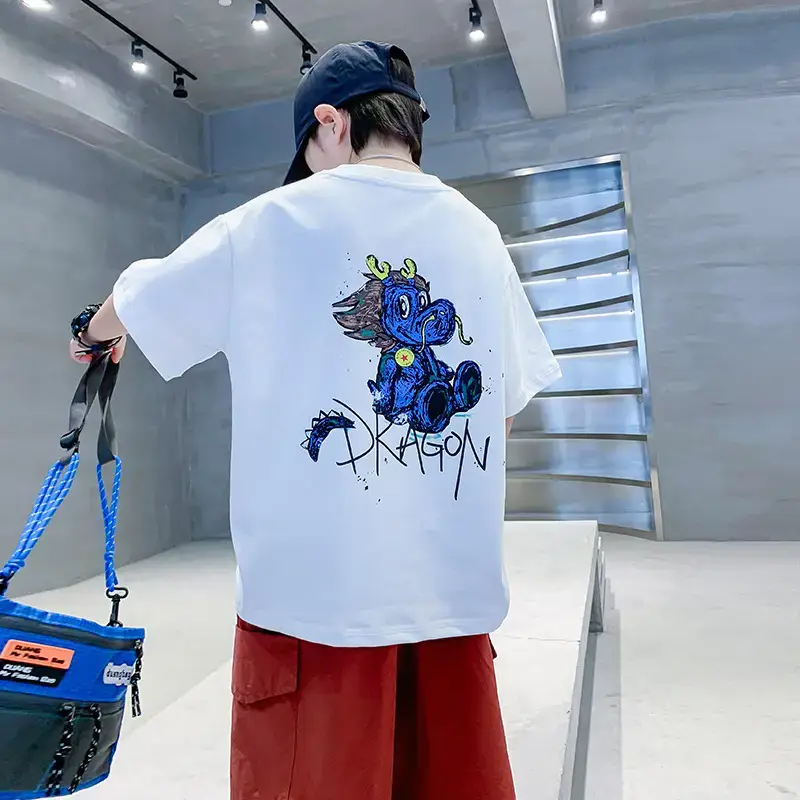 Boys White Cartoon Dragon Cotton T-Shirt 2026 - Image 2