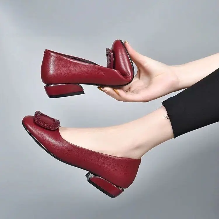Low Mouth Chunky Heel Shoes Women's 2024 Summer New Soft Bottom Burgundy Leather Women's Shoes Low Heel Square Toe Shoes - Image 5