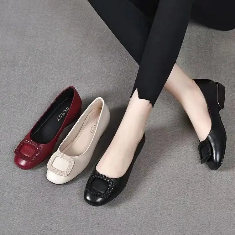 Low Mouth Chunky Heel Shoes Women's 2024 Summer New Soft Bottom Burgundy Leather Women's Shoes Low Heel Square Toe Shoes - Image 6