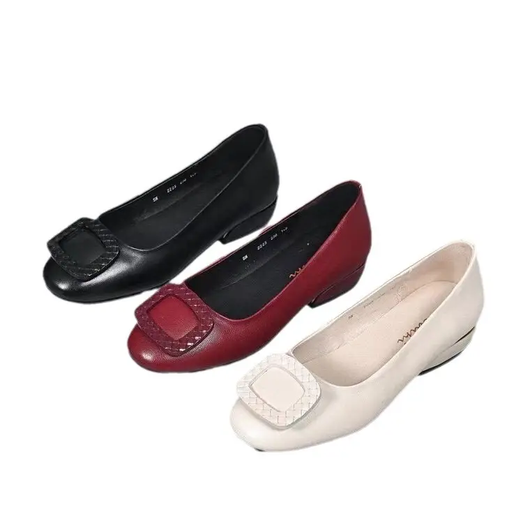 Low Mouth Chunky Heel Shoes Women's 2024 Summer New Soft Bottom Burgundy Leather Women's Shoes Low Heel Square Toe Shoes - Image 8