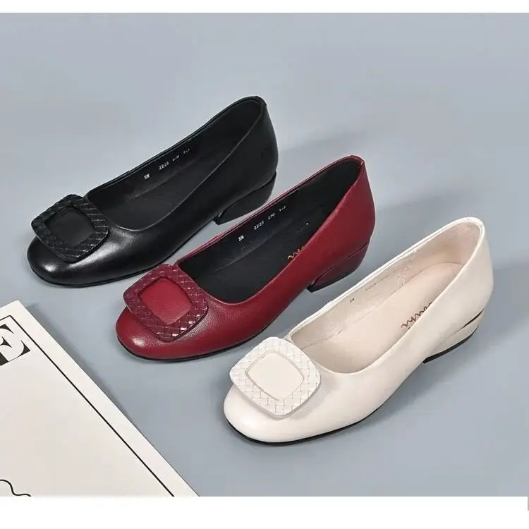 Low Mouth Chunky Heel Shoes Women's 2024 Summer New Soft Bottom Burgundy Leather Women's Shoes Low Heel Square Toe Shoes — feature 10