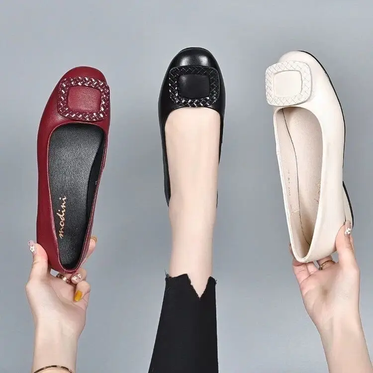 Low Mouth Chunky Heel Shoes Women's 2024 Summer New Soft Bottom Burgundy Leather Women's Shoes Low Heel Square Toe Shoes — feature 11