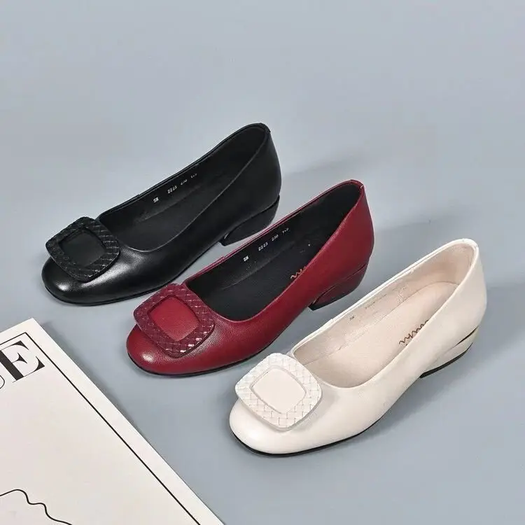 Low Mouth Chunky Heel Shoes Women's 2024 Summer New Soft Bottom Burgundy Leather Women's Shoes Low Heel Square Toe Shoes — feature 3