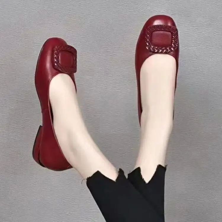 Low Mouth Chunky Heel Shoes Women's 2024 Summer New Soft Bottom Burgundy Leather Women's Shoes Low Heel Square Toe Shoes — feature 6