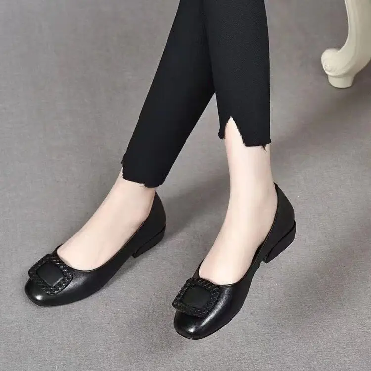 Low Mouth Chunky Heel Shoes Women's 2024 Summer New Soft Bottom Burgundy Leather Women's Shoes Low Heel Square Toe Shoes — feature 7