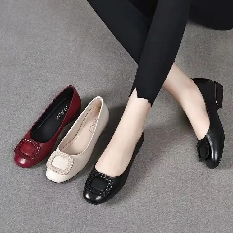 Low Mouth Chunky Heel Shoes Women's 2024 Summer New Soft Bottom Burgundy Leather Women's Shoes Low Heel Square Toe Shoes — feature 9
