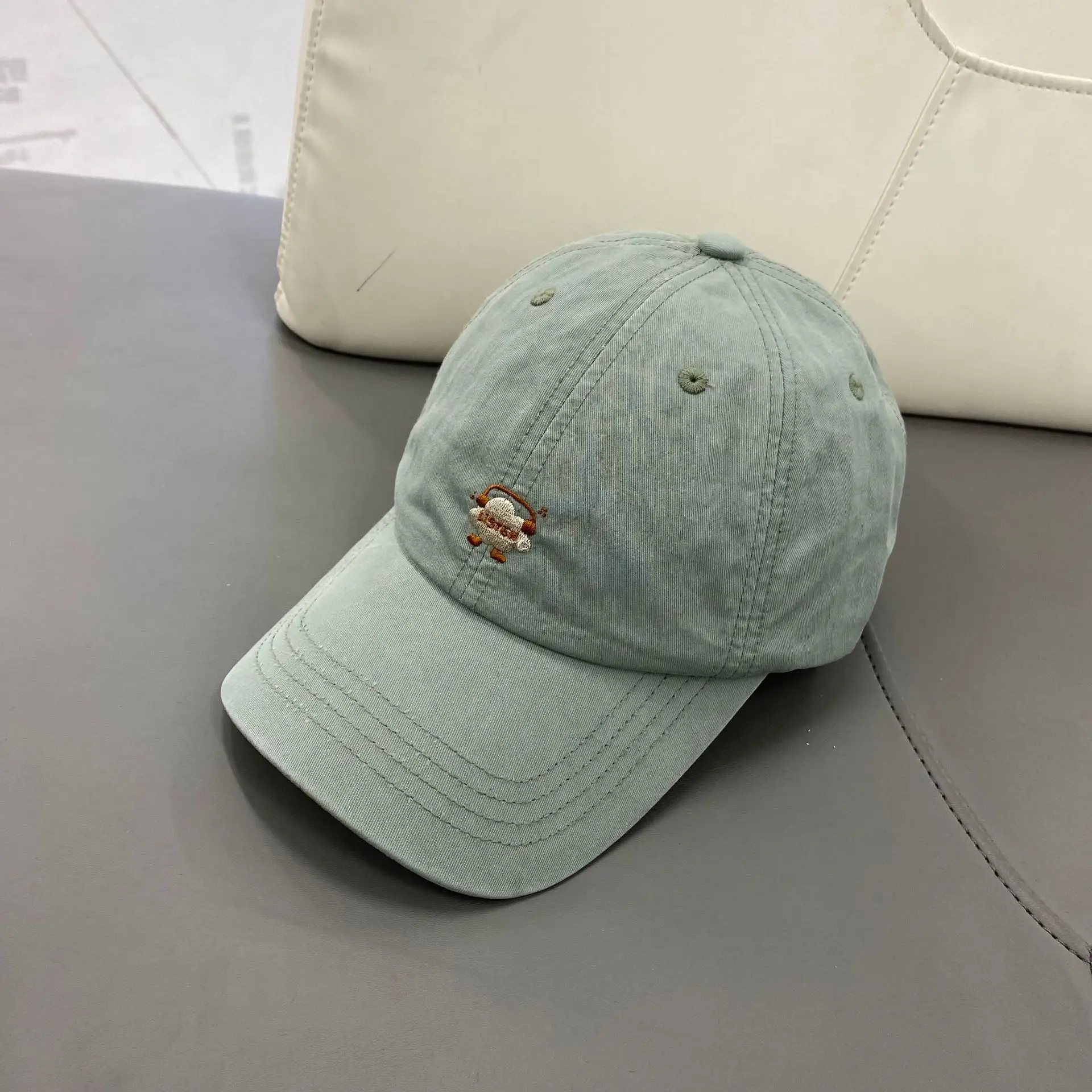Women's Green Cotton Baseball Cap with Flower Button