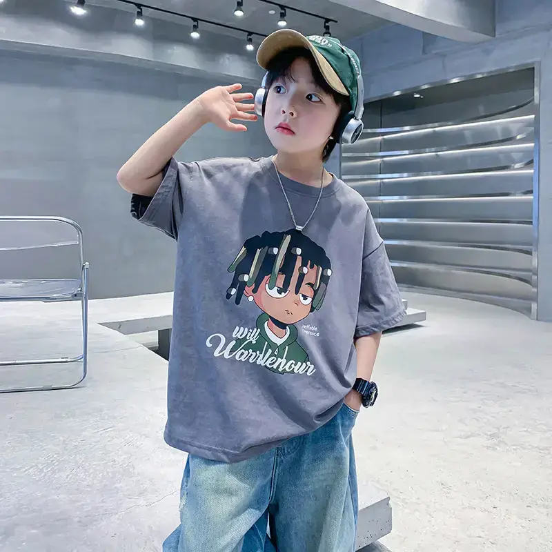 Boys Cotton Cartoon T-shirt Grey 2025 - Image 2