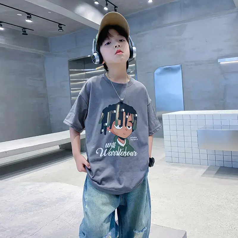 Boys Cotton Cartoon T-shirt Grey 2025 - Image 4