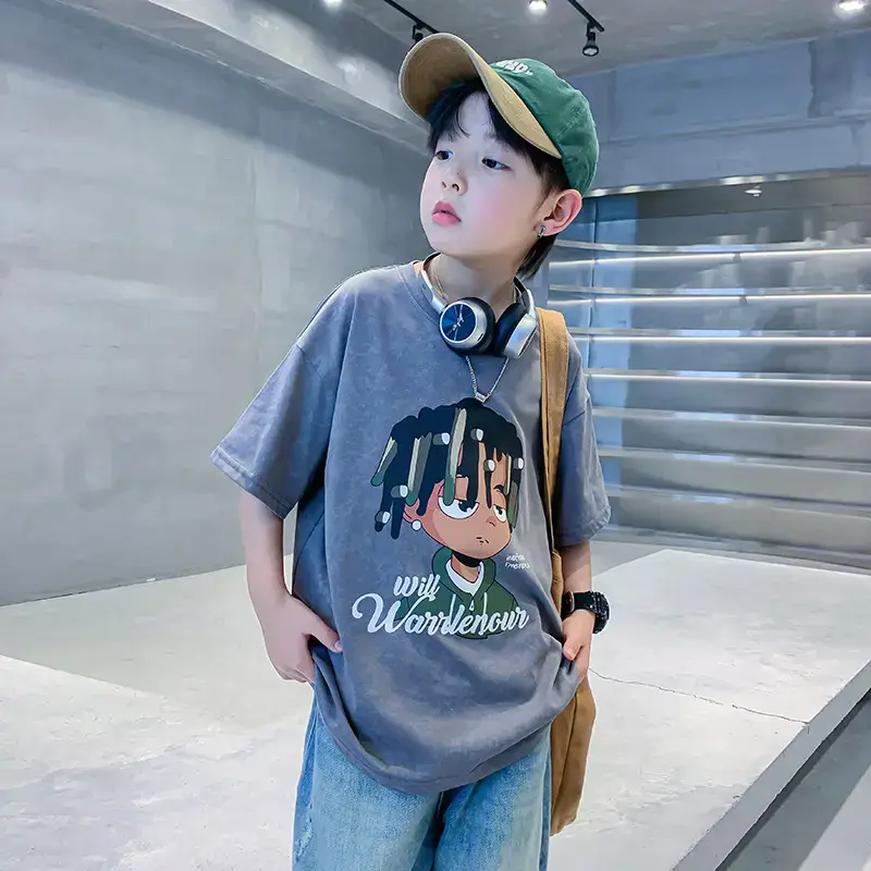 Boys Cotton Cartoon T-shirt Grey 2025 - Image 5