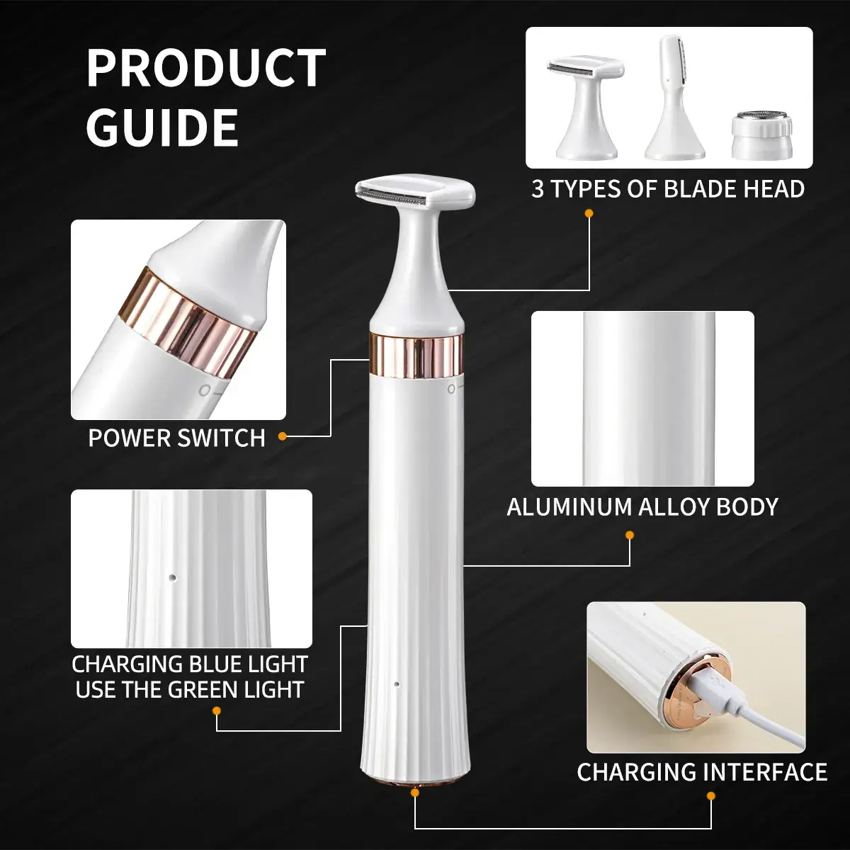 3-in-1 Electric Eyebrow Lip Hair Shaver White Gold