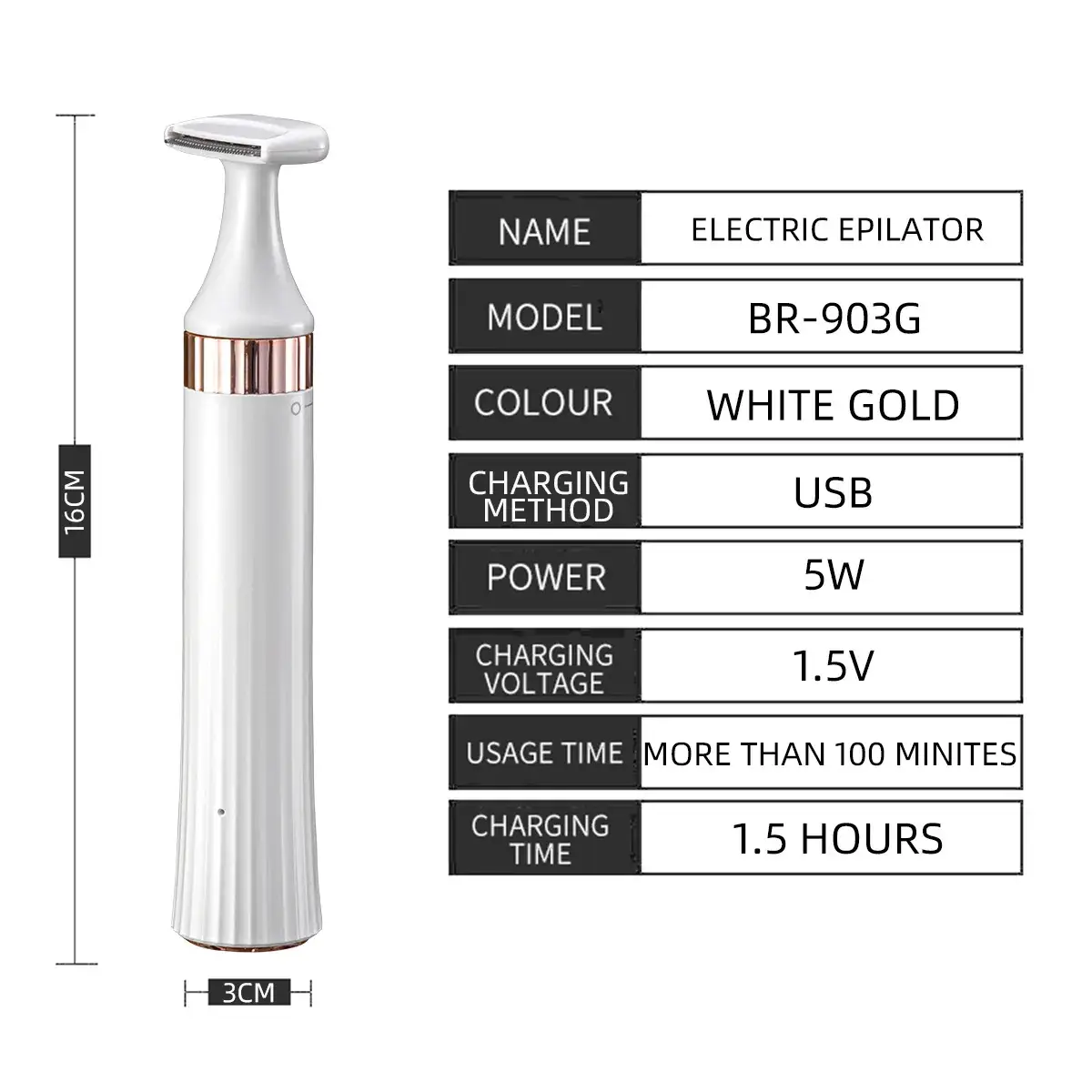 3-in-1 Electric Eyebrow Lip Hair Shaver White Gold