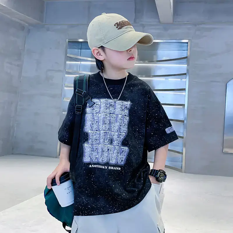 Boys 3D Letter T-Shirt Black Loose Sleeve Summer - Image 4