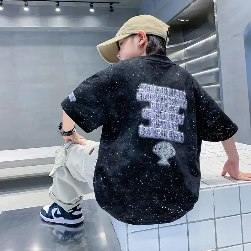 Boys 3D Letter T-Shirt Black Loose Sleeve Summer - Image 5