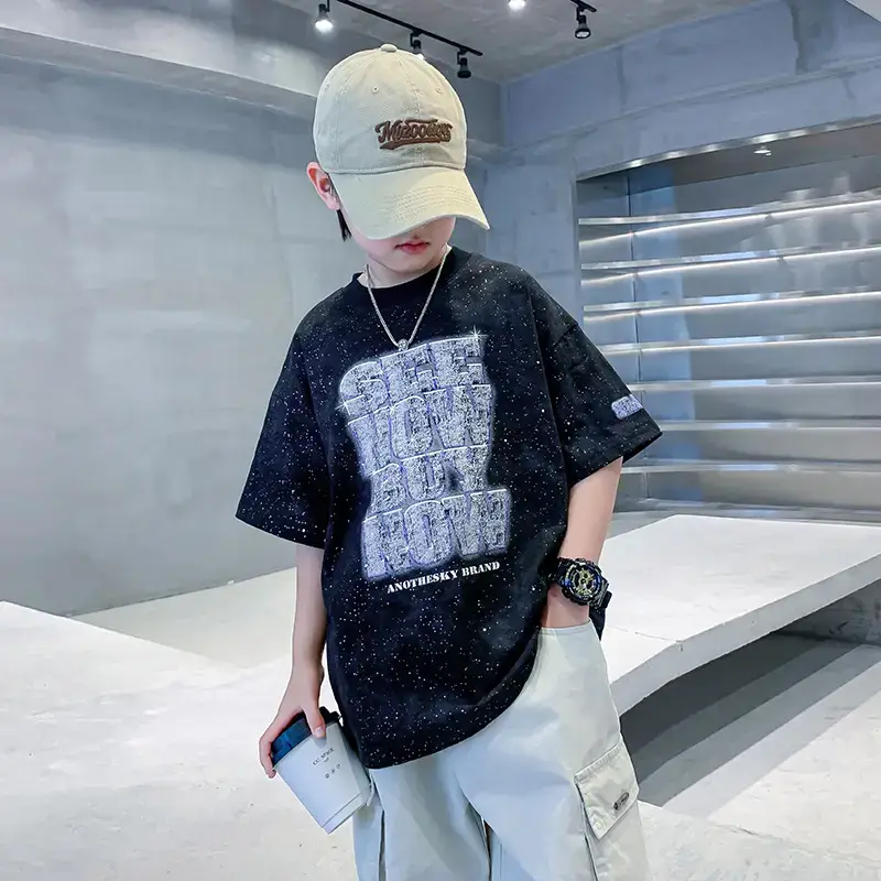 Boys 3D Letter T-Shirt Black Loose Sleeve Summer - Image 2
