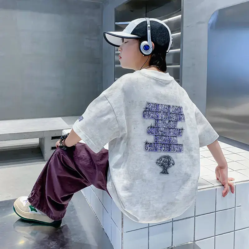 Boys 3D Letter T-Shirt Black Loose Sleeve Summer - Image 3