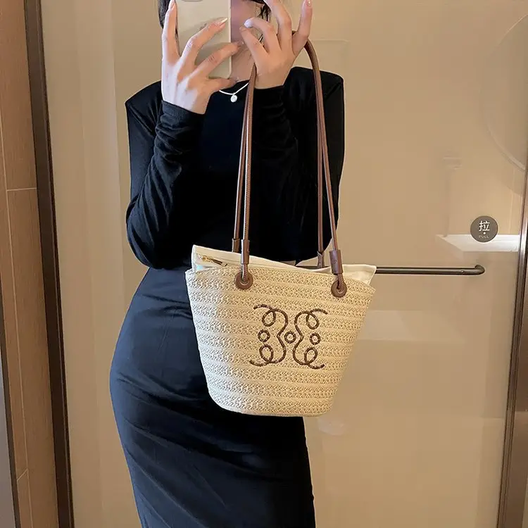 Women Woven Straw Crossbody Bag with Monogram Design - Image 4