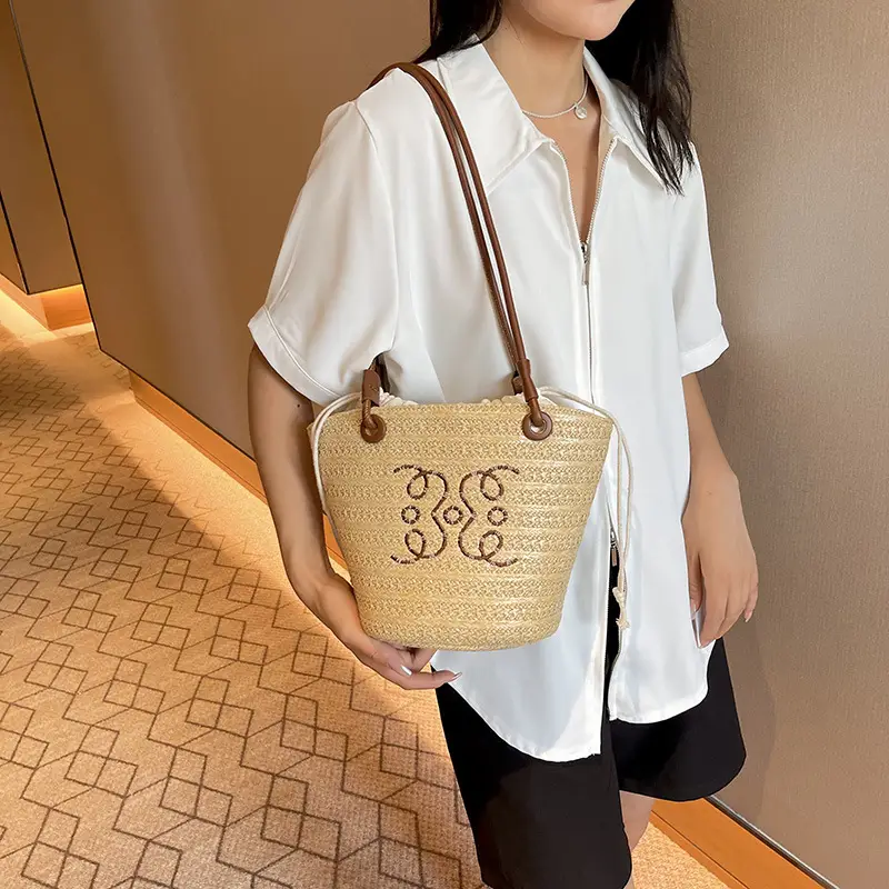 Women Woven Straw Crossbody Bag with Monogram Design - Image 6