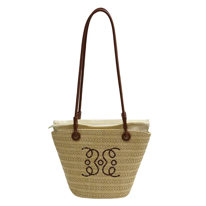 Women Woven Straw Crossbody Bag with Monogram Design - Image 7