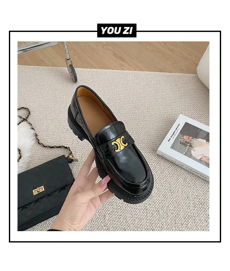 Summer Thick-soled Loafers British-style Student's Small Leather Shoes Women's Thick Heel Heeled Shoes Black Slip-on All-match Single-layer Shoes — feature 10