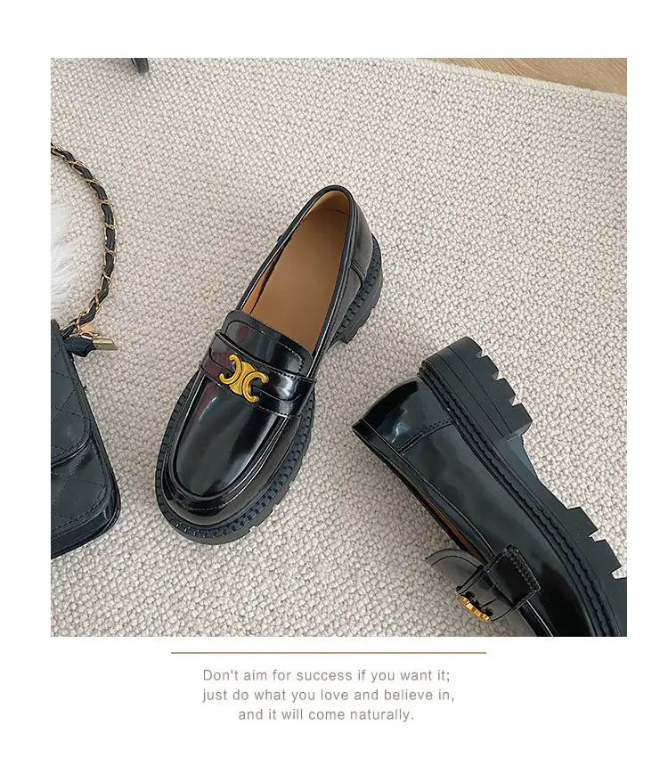 Summer Thick-soled Loafers British-style Student's Small Leather Shoes Women's Thick Heel Heeled Shoes Black Slip-on All-match Single-layer Shoes — feature 12