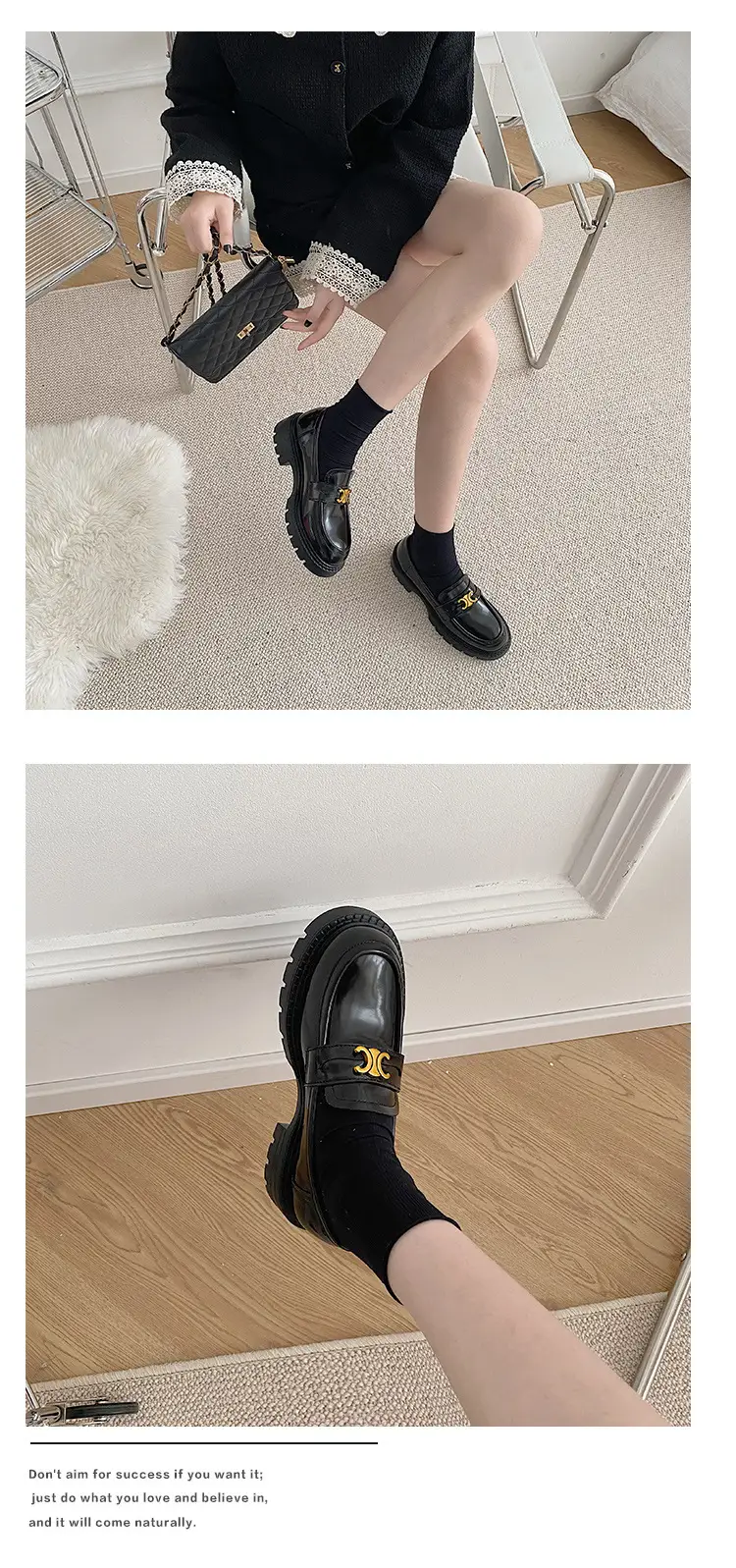 Summer Thick-soled Loafers British-style Student's Small Leather Shoes Women's Thick Heel Heeled Shoes Black Slip-on All-match Single-layer Shoes — feature 5
