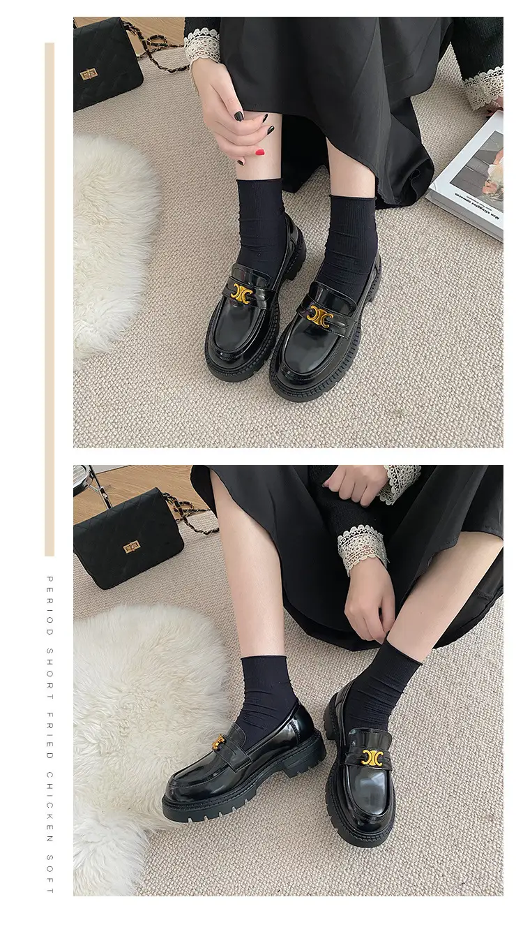 Summer Thick-soled Loafers British-style Student's Small Leather Shoes Women's Thick Heel Heeled Shoes Black Slip-on All-match Single-layer Shoes — feature 7