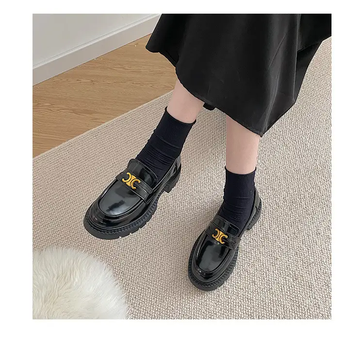 Summer Thick-soled Loafers British-style Student's Small Leather Shoes Women's Thick Heel Heeled Shoes Black Slip-on All-match Single-layer Shoes — feature 8