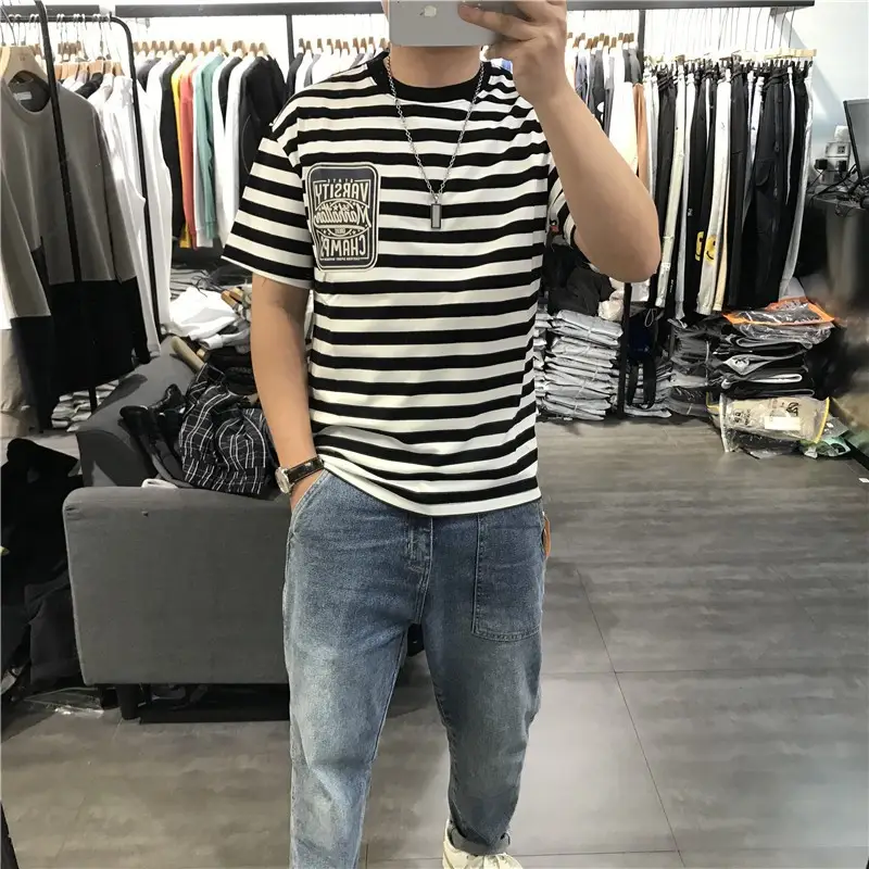 Men Striped T-Shirt Youth Casual All Match