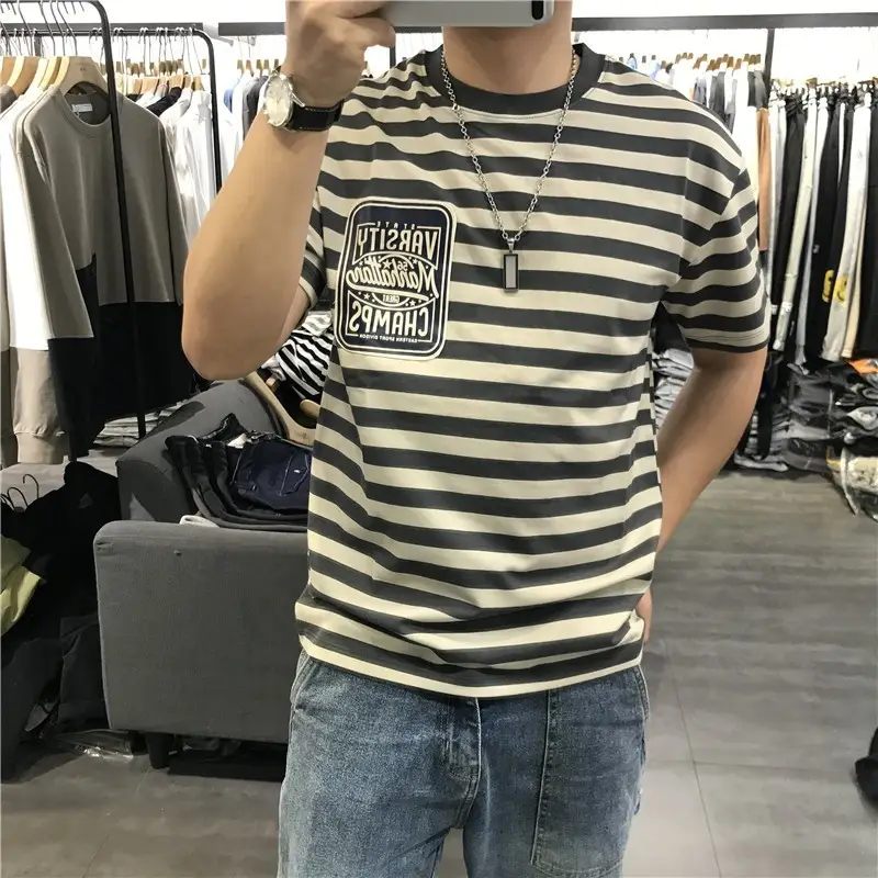 Men Striped T-Shirt Youth Casual All Match