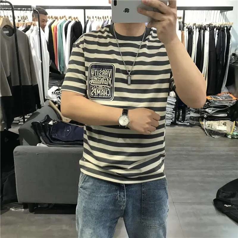 Men Striped T-Shirt Youth Casual All Match