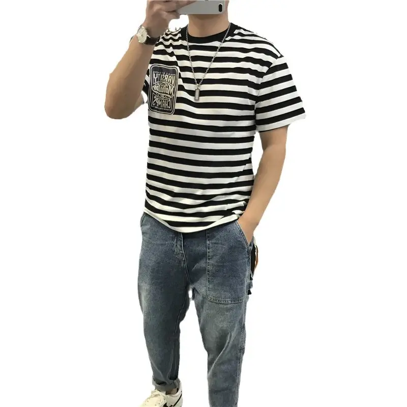 Men Striped T-Shirt Youth Casual All Match