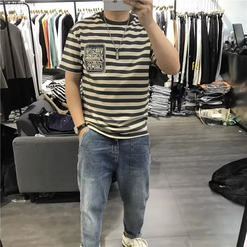 Men Striped T-Shirt Youth Casual All Match