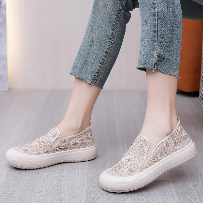 Thick-Soled Fisherman's Shoes Spring and Summer New Women's Shoes Breathable Lace Mesh Women's Flats Lazy Slip-On Casual Women's Shoes Trbottomy