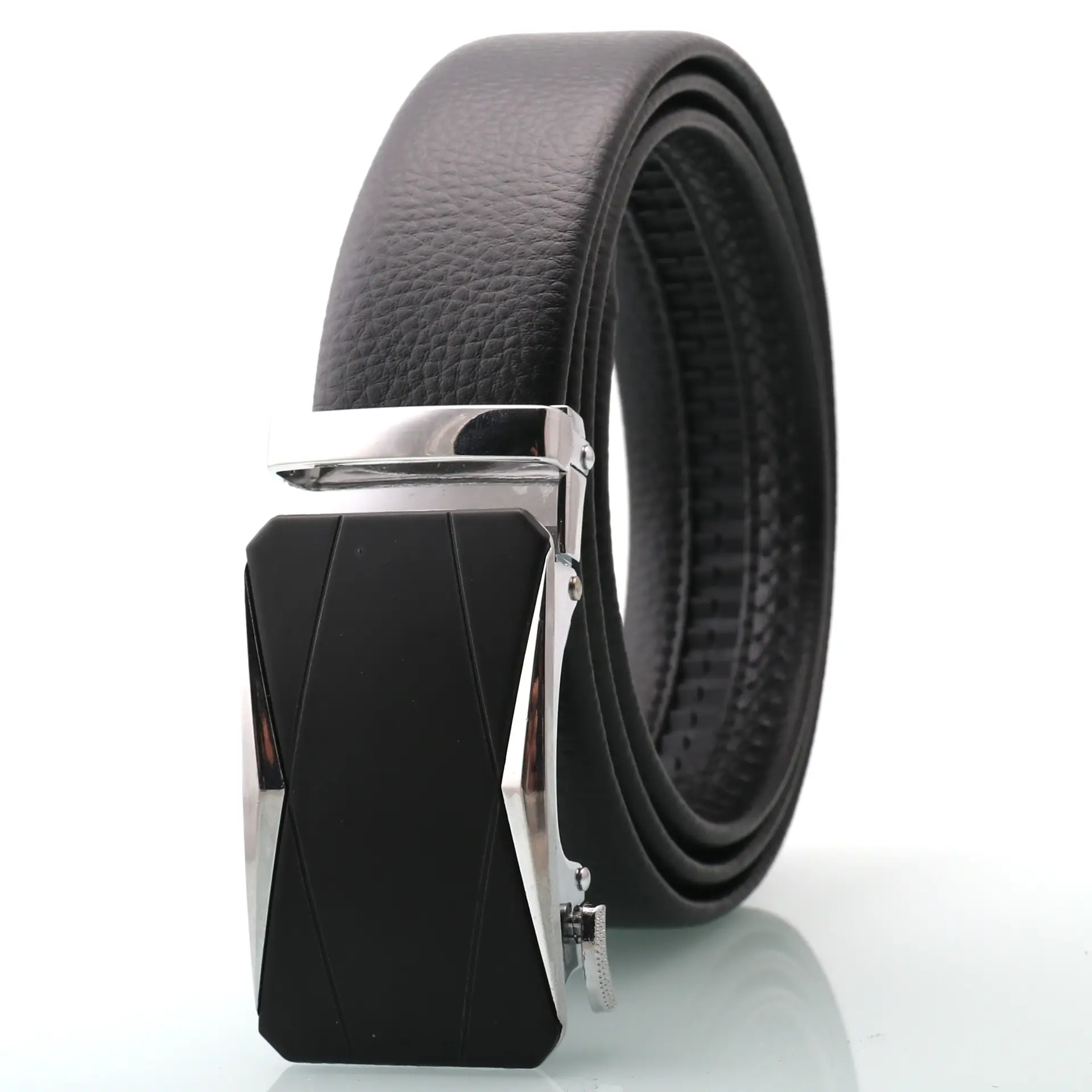 Men's Black Genuine Leather Belt with Silver Buckle