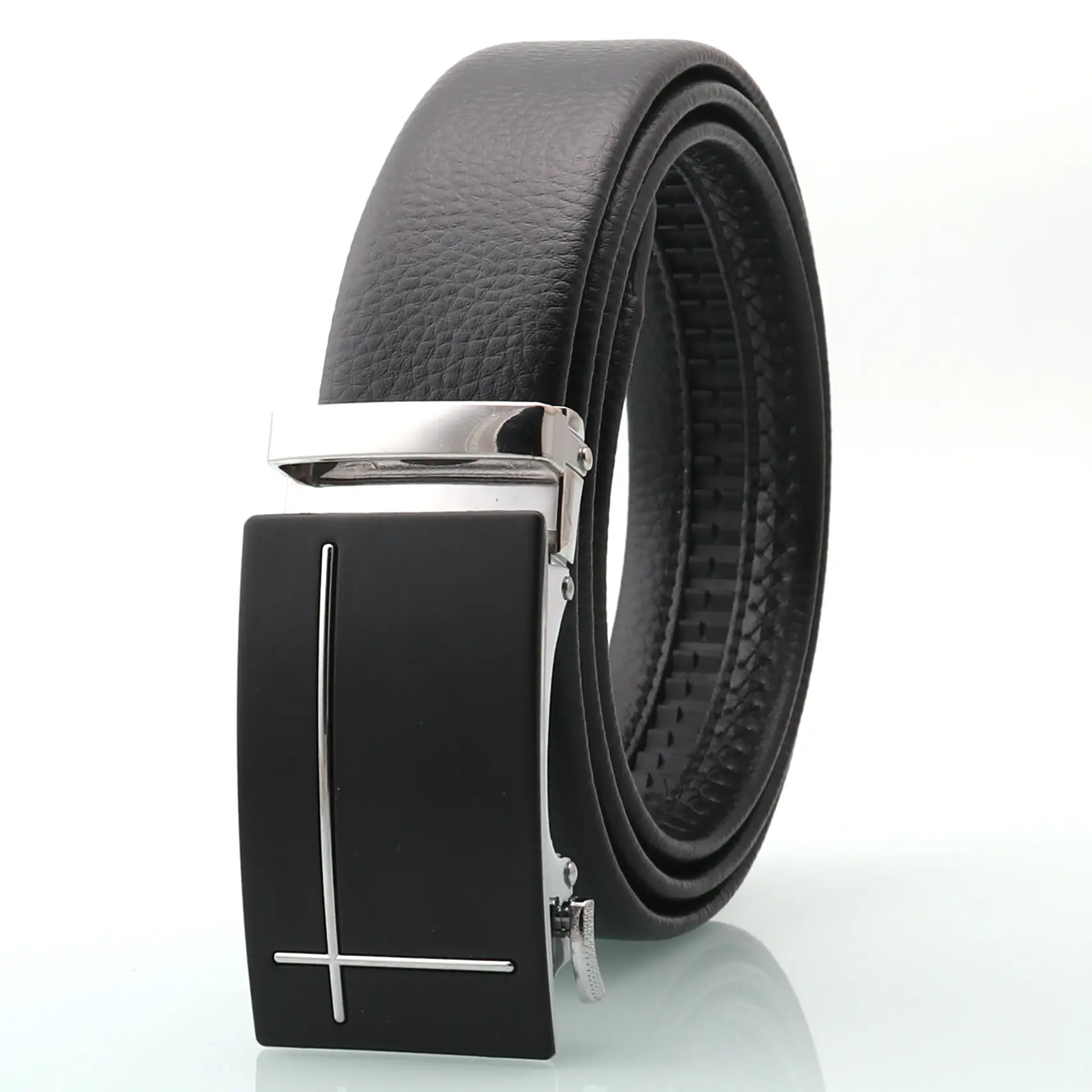 Men's Black Genuine Leather Belt with Silver Buckle