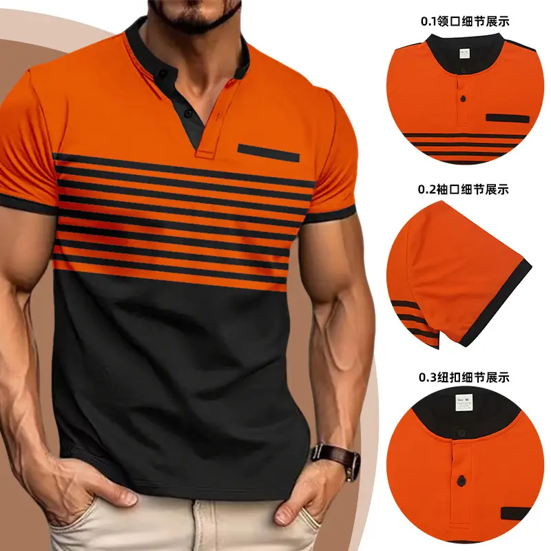 Men Printed Striped Polo Shirt Grey Black Short Sleeve - Image 10