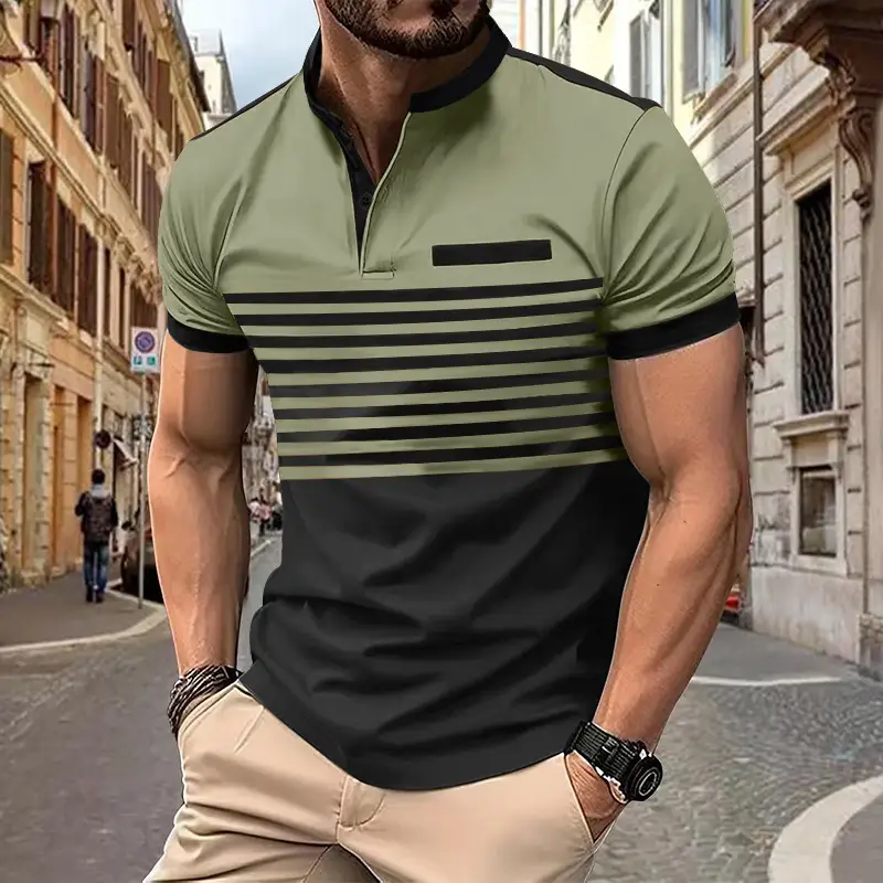 Men Printed Striped Polo Shirt Grey Black Short Sleeve - Image 5