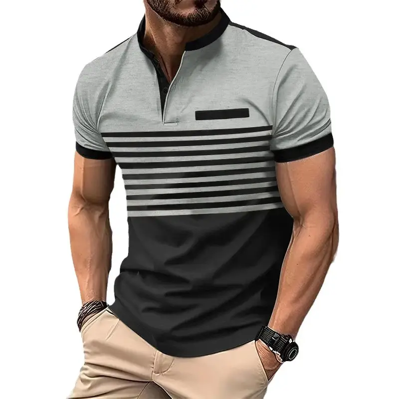 Men Printed Striped Polo Shirt Grey Black Short Sleeve - Image 12