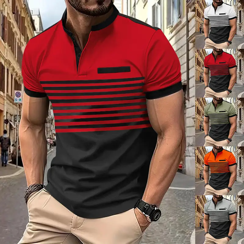Men Printed Striped Polo Shirt Grey Black Short Sleeve — feature 4