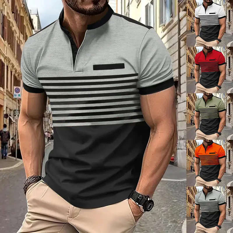 Men Printed Striped Polo Shirt Grey Black Short Sleeve — feature 5