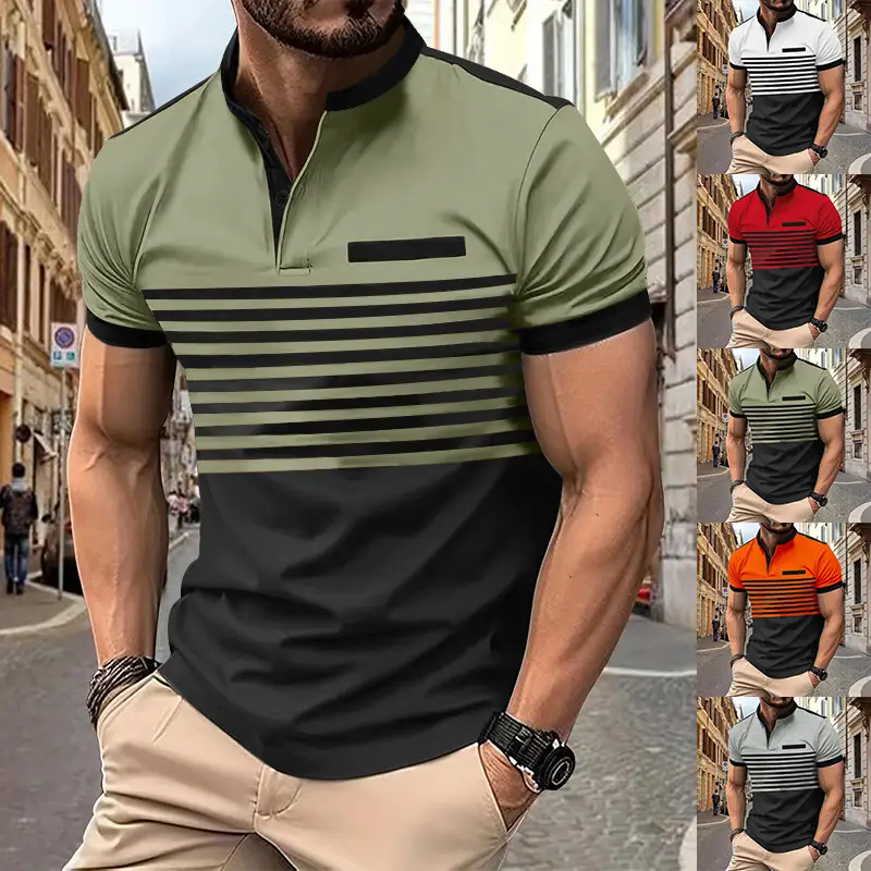 Men Printed Striped Polo Shirt Grey Black Short Sleeve — feature 6