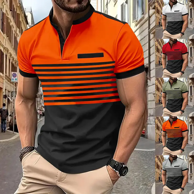Men Printed Striped Polo Shirt Grey Black Short Sleeve — feature 7
