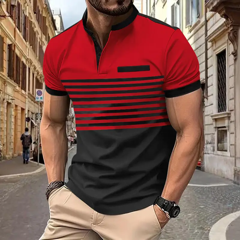 Men Printed Striped Polo Shirt Grey Black Short Sleeve - Image 2
