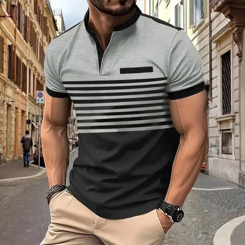 Men Printed Striped Polo Shirt Grey Black Short Sleeve - Image 3